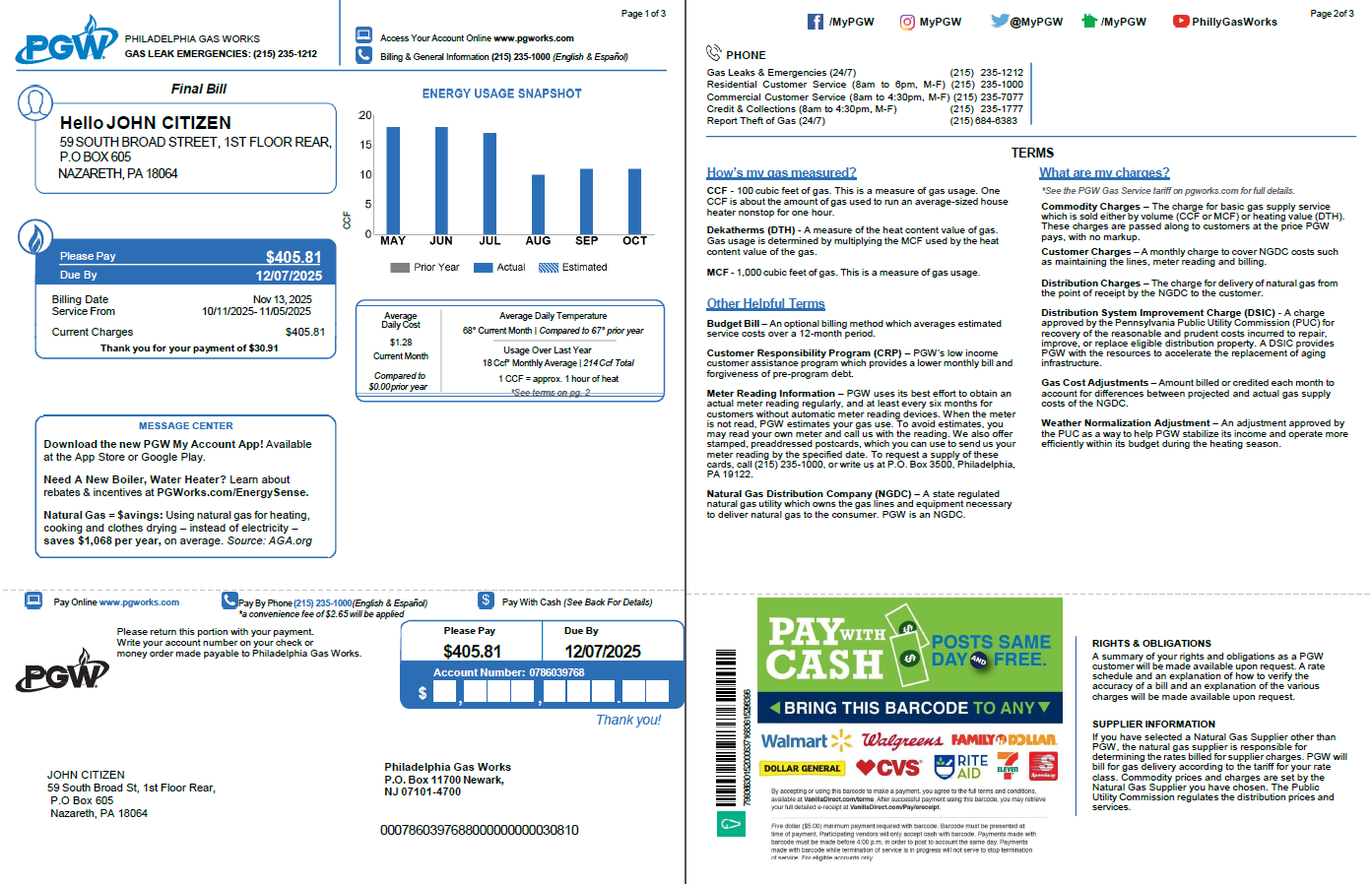 USA Philadelphia Gas Works utility bill template in Word and PDF formats, 3 pages, 1 2 pages